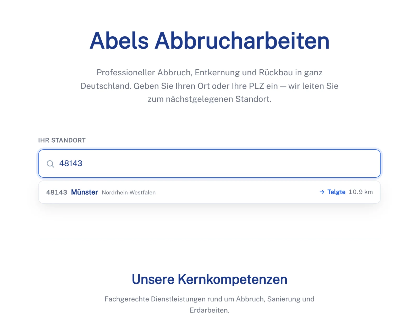 Startseite von abels-abbruch.de mit der Standorteingabe, die die Postleitzahl 48143 Münster auf den nächstgelegenen Standort Telgte auflöst