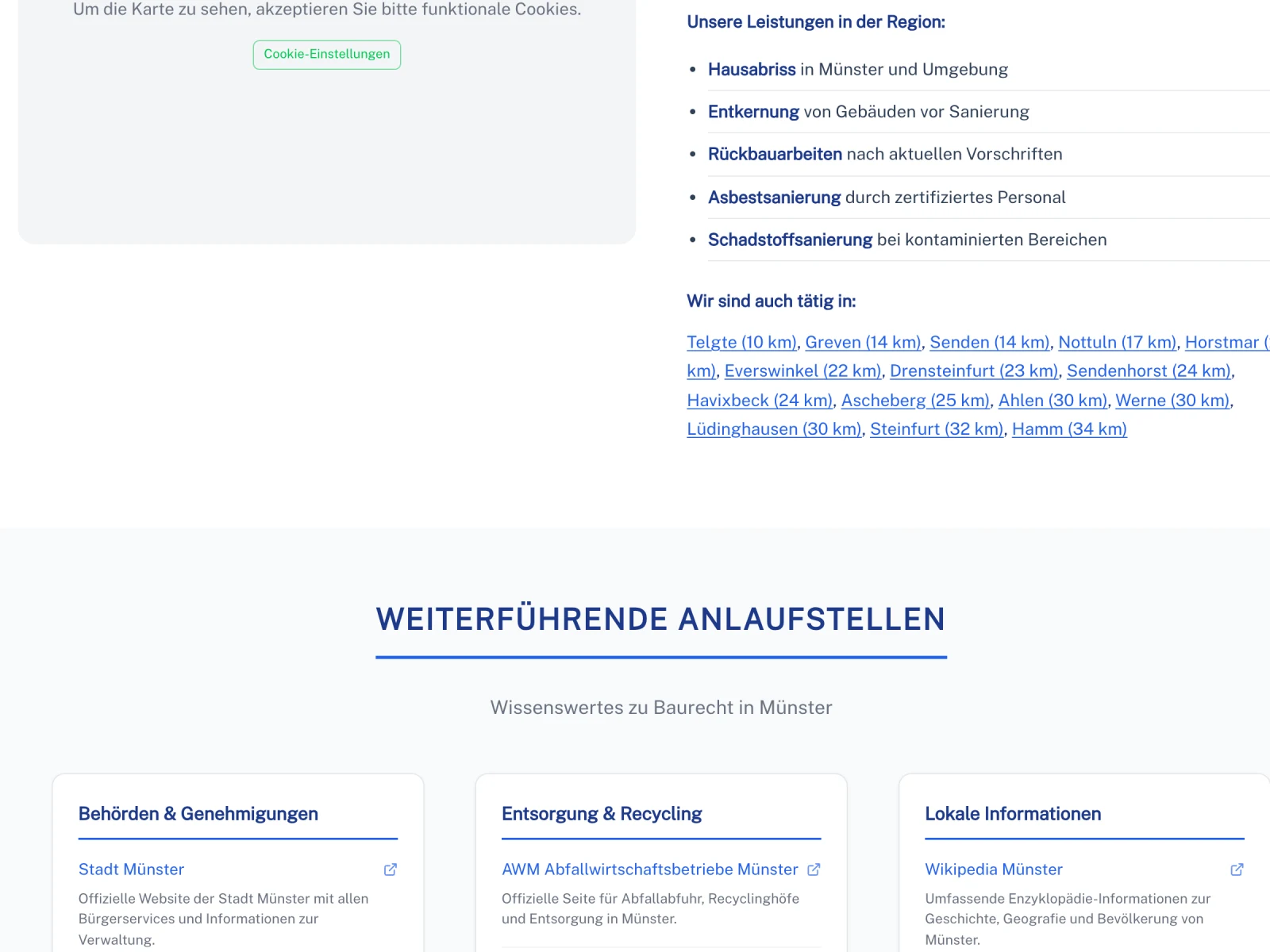 Drei Spalten mit weiterführenden Anlaufstellen für Münster: Behörden und Genehmigungen, Entsorgung und Recycling sowie lokale Informationen