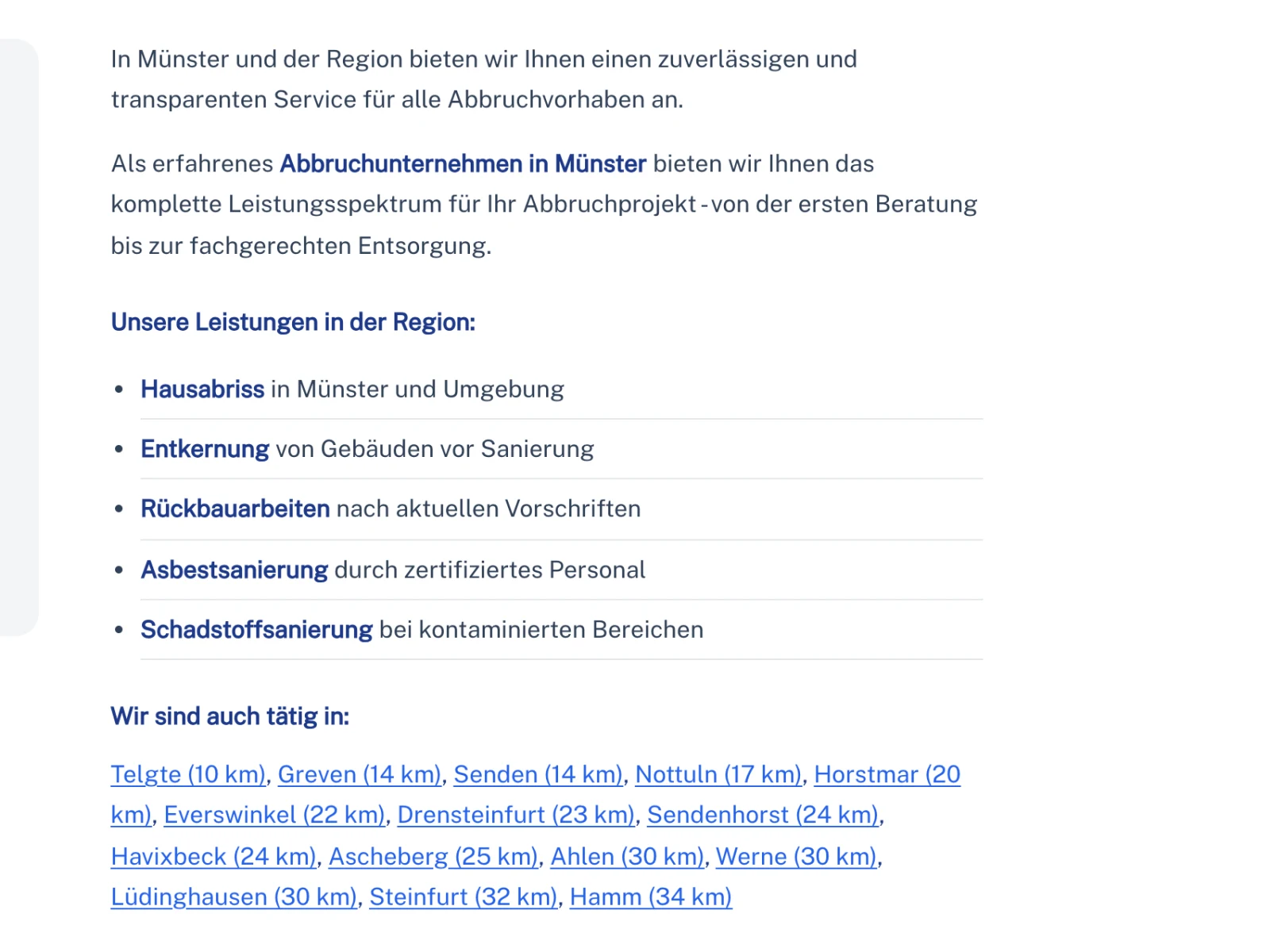 Ortsseite Münster mit verlinkten Leistungen im Fließtext und einer nach Entfernung sortierten Liste der Nachbarorte