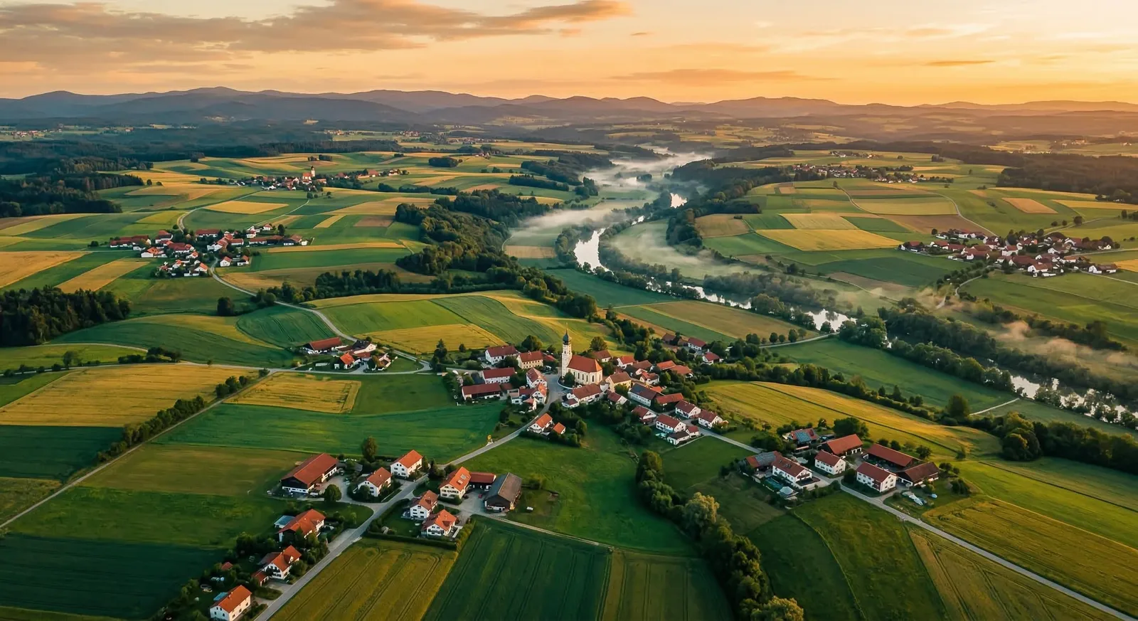 Luftaufnahme einer niederbayerischen Ortschaft mit Feldern und Flusslauf im Abendlicht