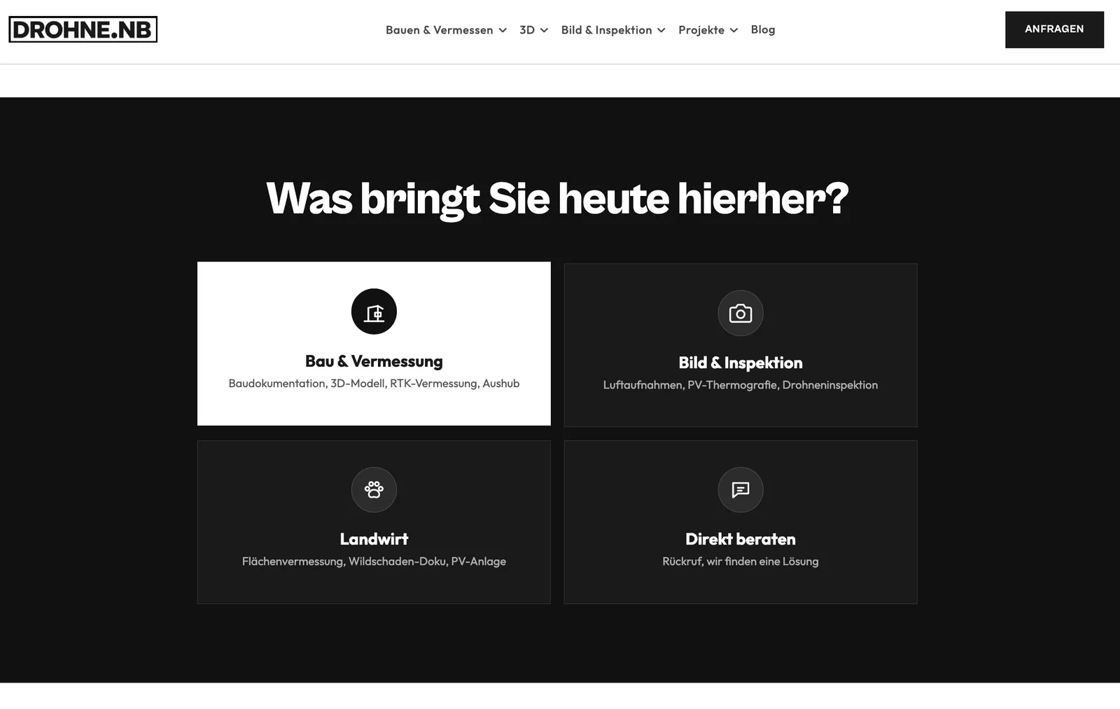 Qualifier-Sektion mit vier Anliegen-Karten auf schwarzem Hintergrund