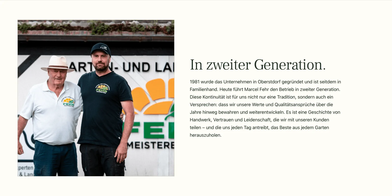 Abschnitt In zweiter Generation mit einem Foto von Marcel Fehr und seinem Vater vor dem Firmenschild