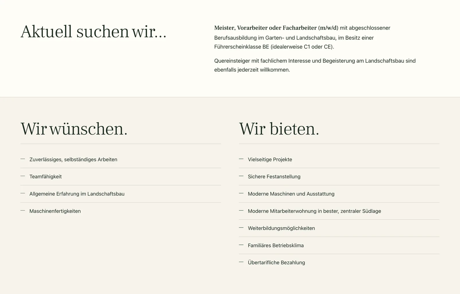 Karriereseite mit den Abschnitten Wir wünschen und Wir bieten als zwei gegenübergestellte Listen