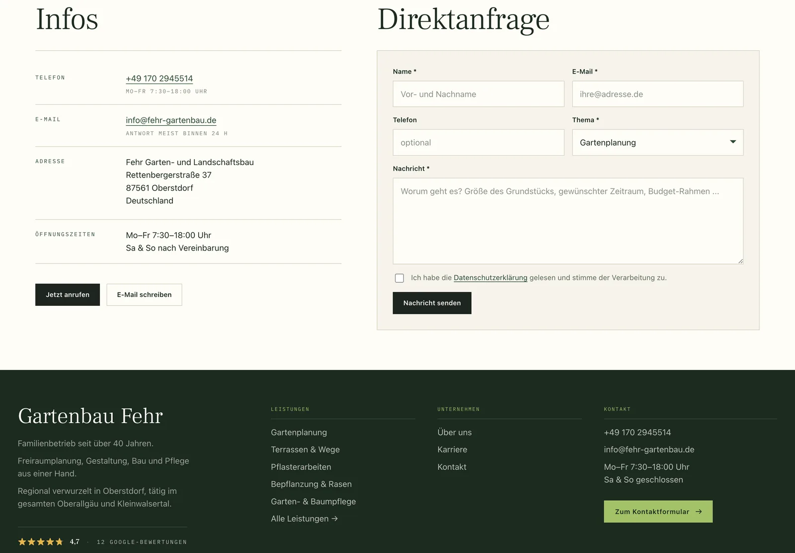 Kontaktseite mit Infospalte links und Direktanfrage-Formular mit Themenauswahl rechts