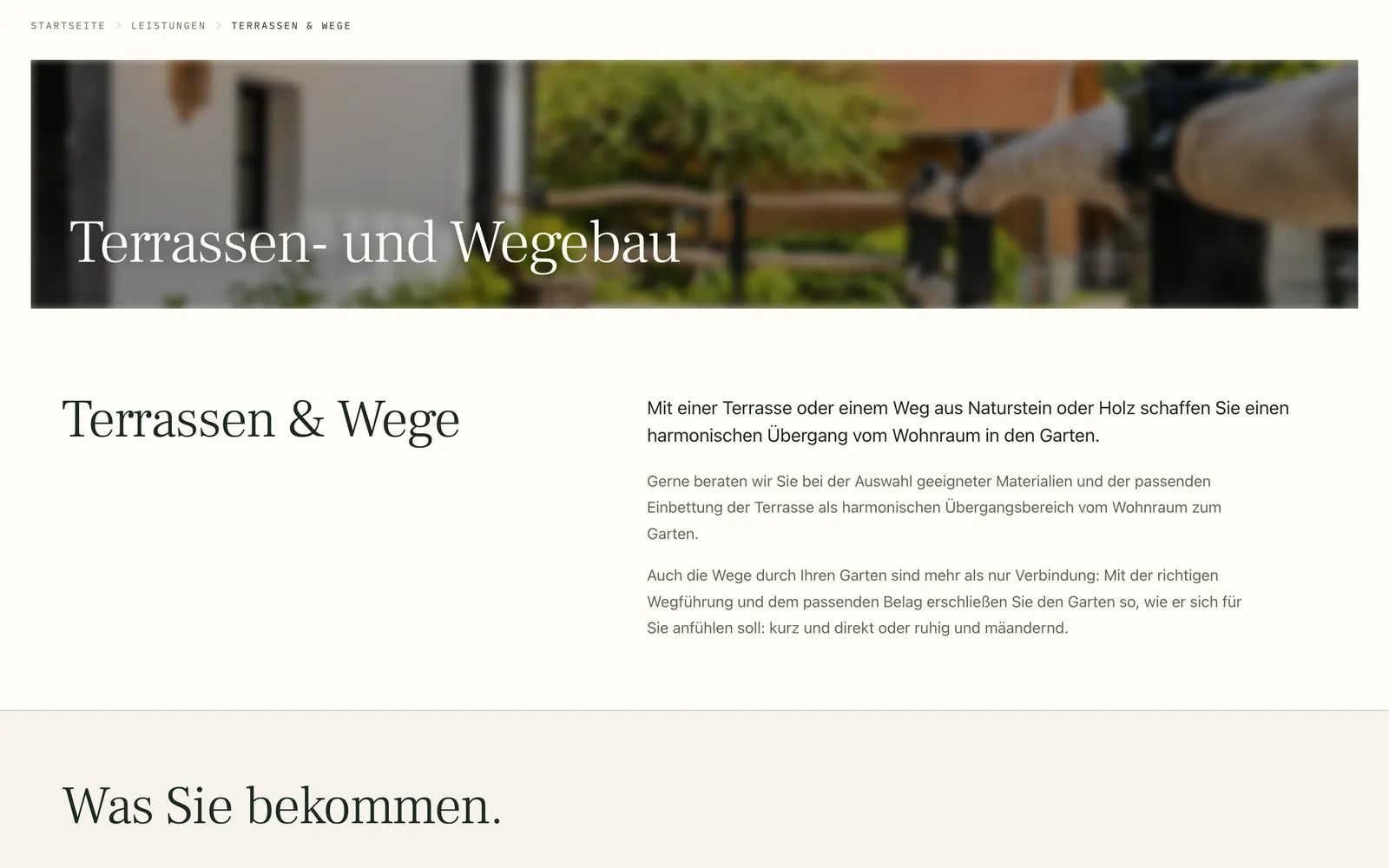 Leistungsseite Terrassen- und Wegebau mit eigenem Titelbild und einleitendem Fließtext
