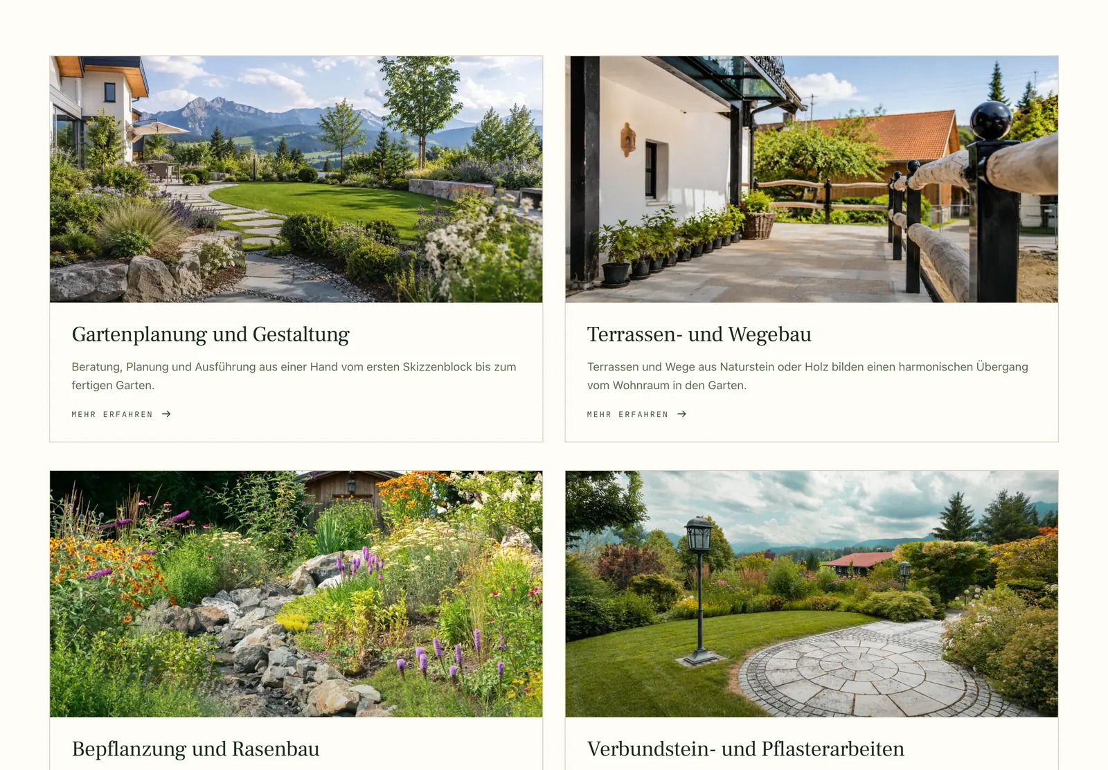 Leistungsübersicht mit Kacheln zu Gartenplanung, Terrassenbau, Bepflanzung und Pflasterarbeiten, jede mit eigenem Projektfoto