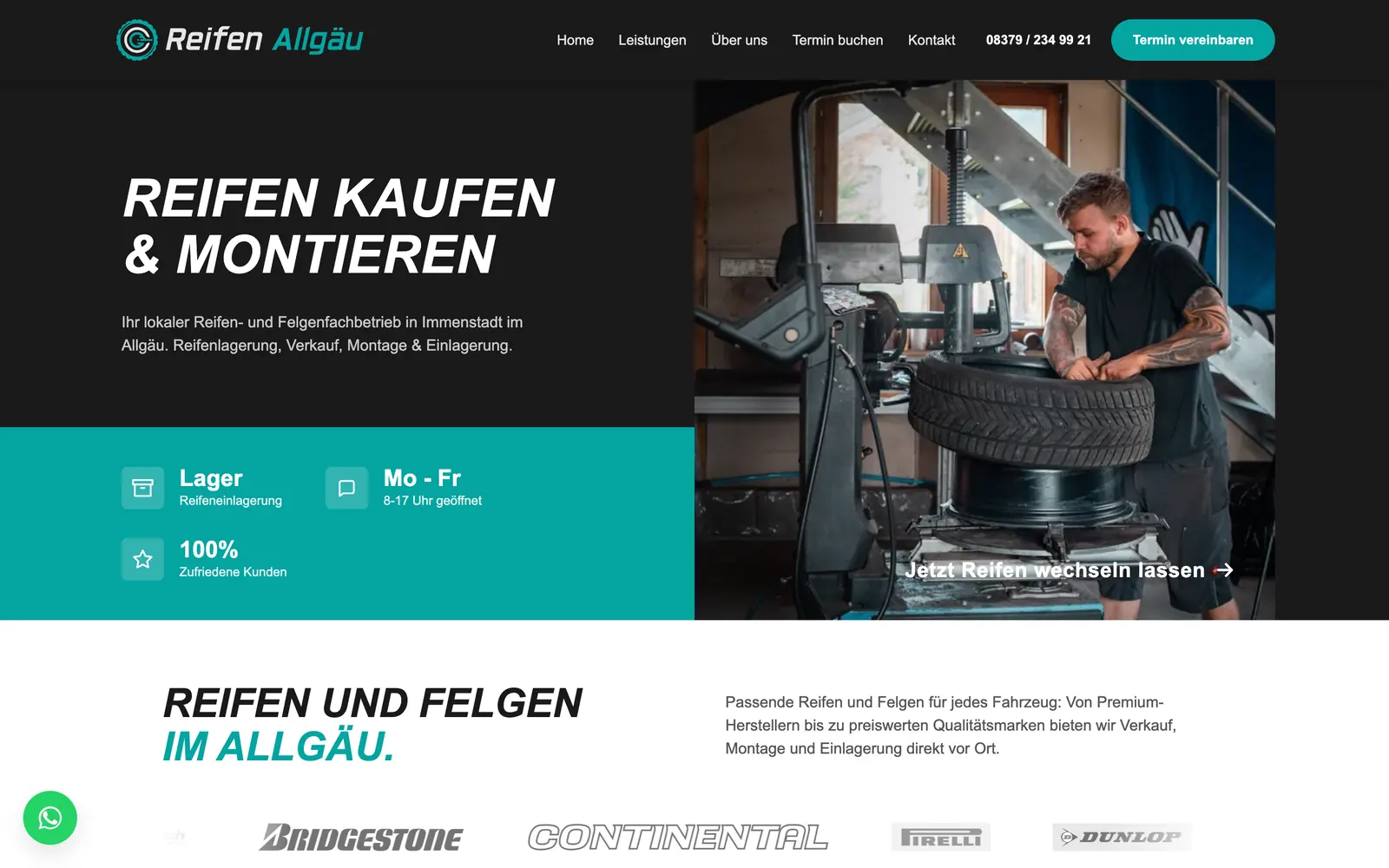Startseite von reifen-allgäu.de mit dem Inhaber an der Reifenmontiermaschine
