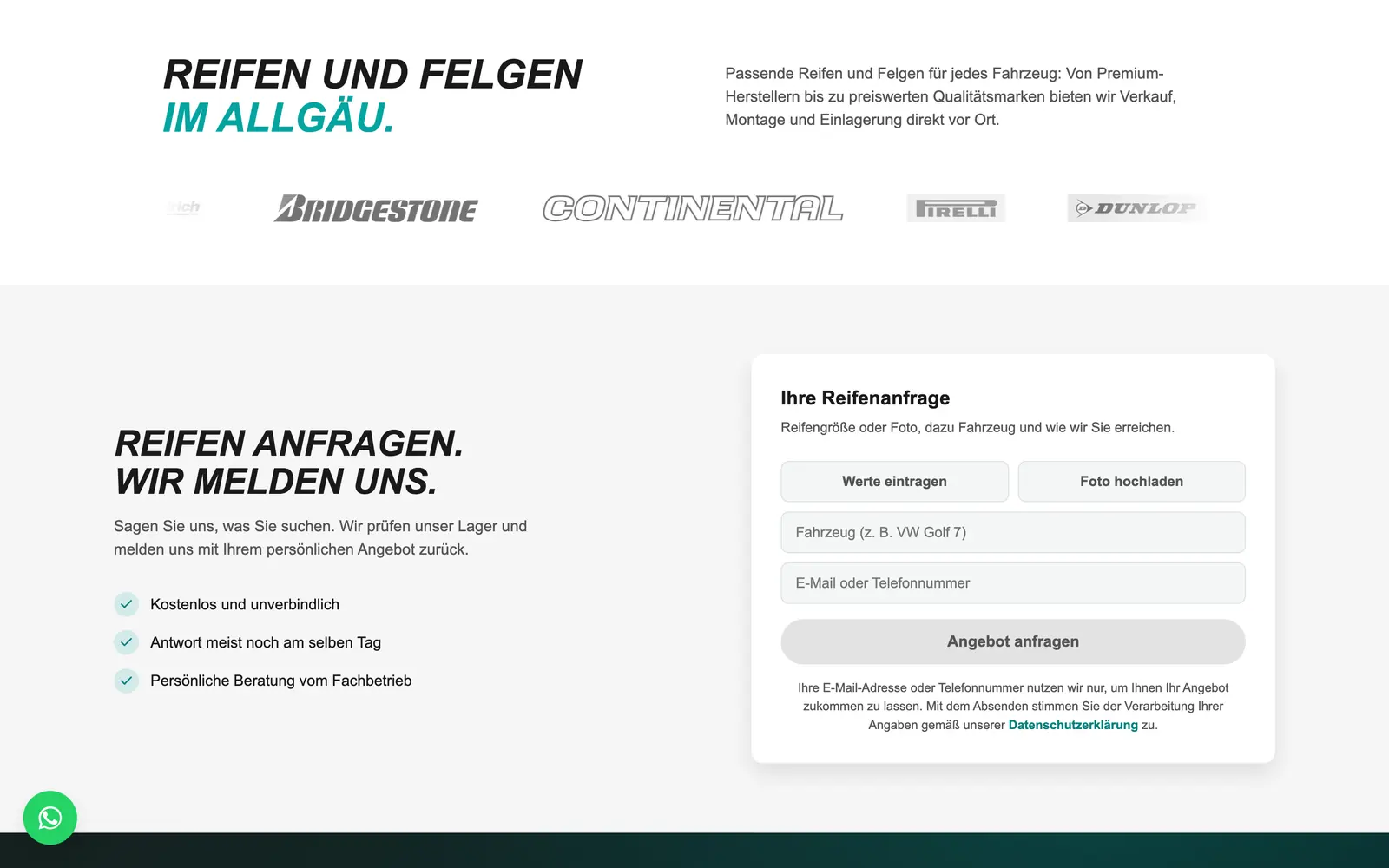 Reifenanfrage-Formular mit den Umschaltern Werte eintragen und Foto hochladen