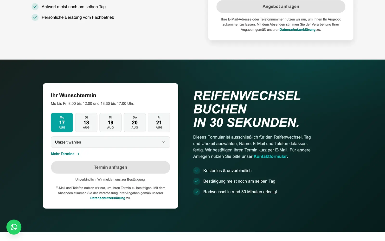 Buchungswidget auf der Startseite mit Tagesauswahl, Uhrzeitfeld und Absendeknopf