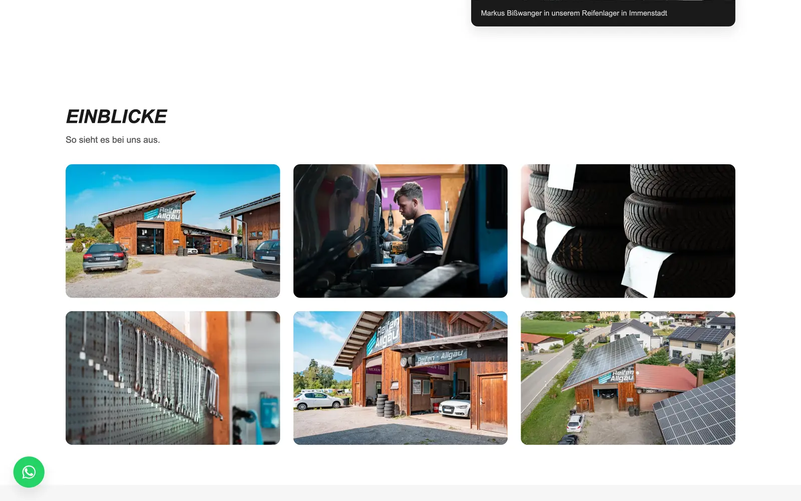 Bildergalerie der Werkstatt: Hof, Montagearbeitsplatz, Reifenlager, Werkzeugwand und Luftaufnahme des Betriebs