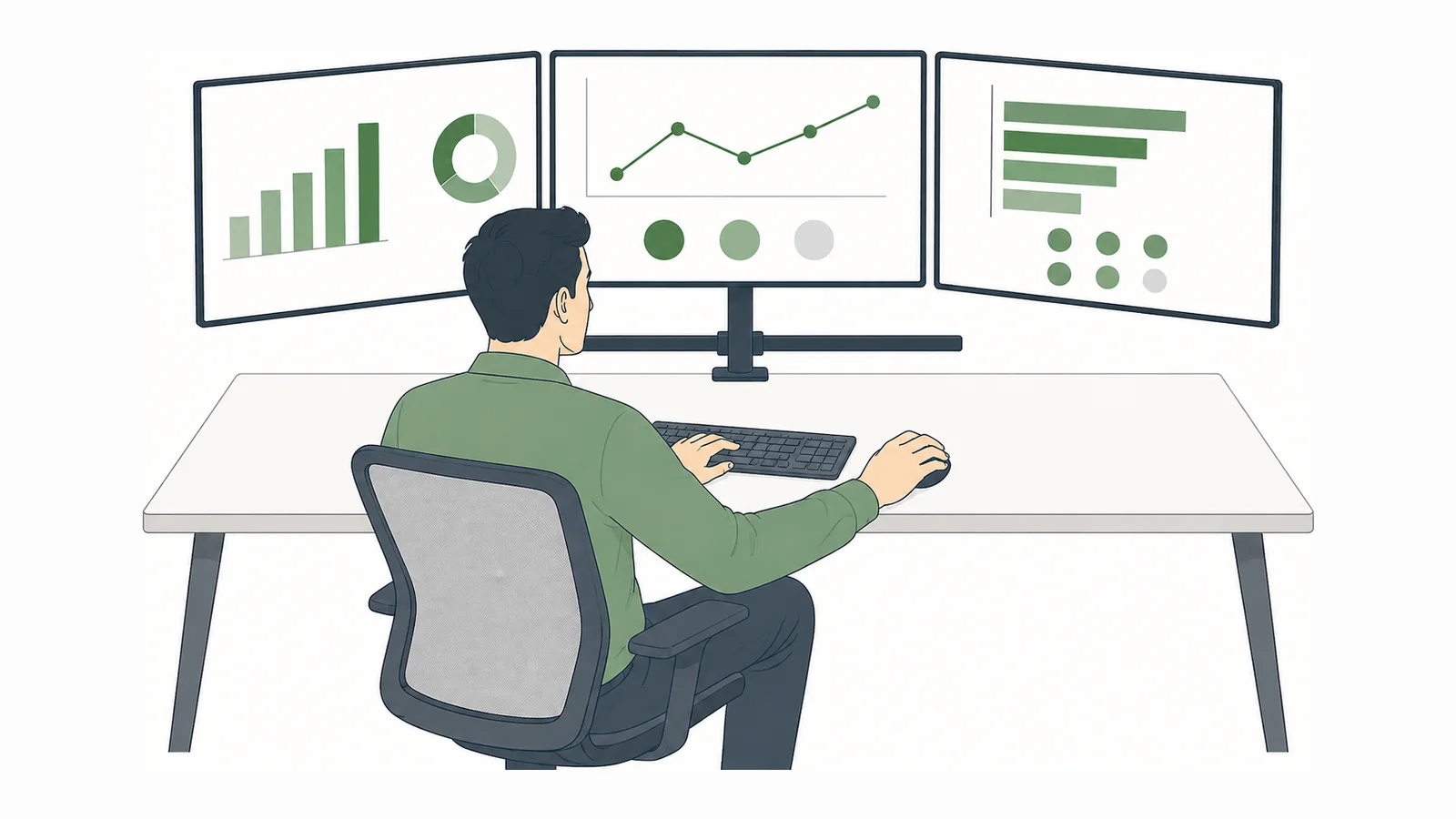 Mitarbeiter am Schreibtisch vor drei Monitoren mit Balkendiagramm, Ringdiagramm, Verlaufskurve und KPI-Kennzahlen