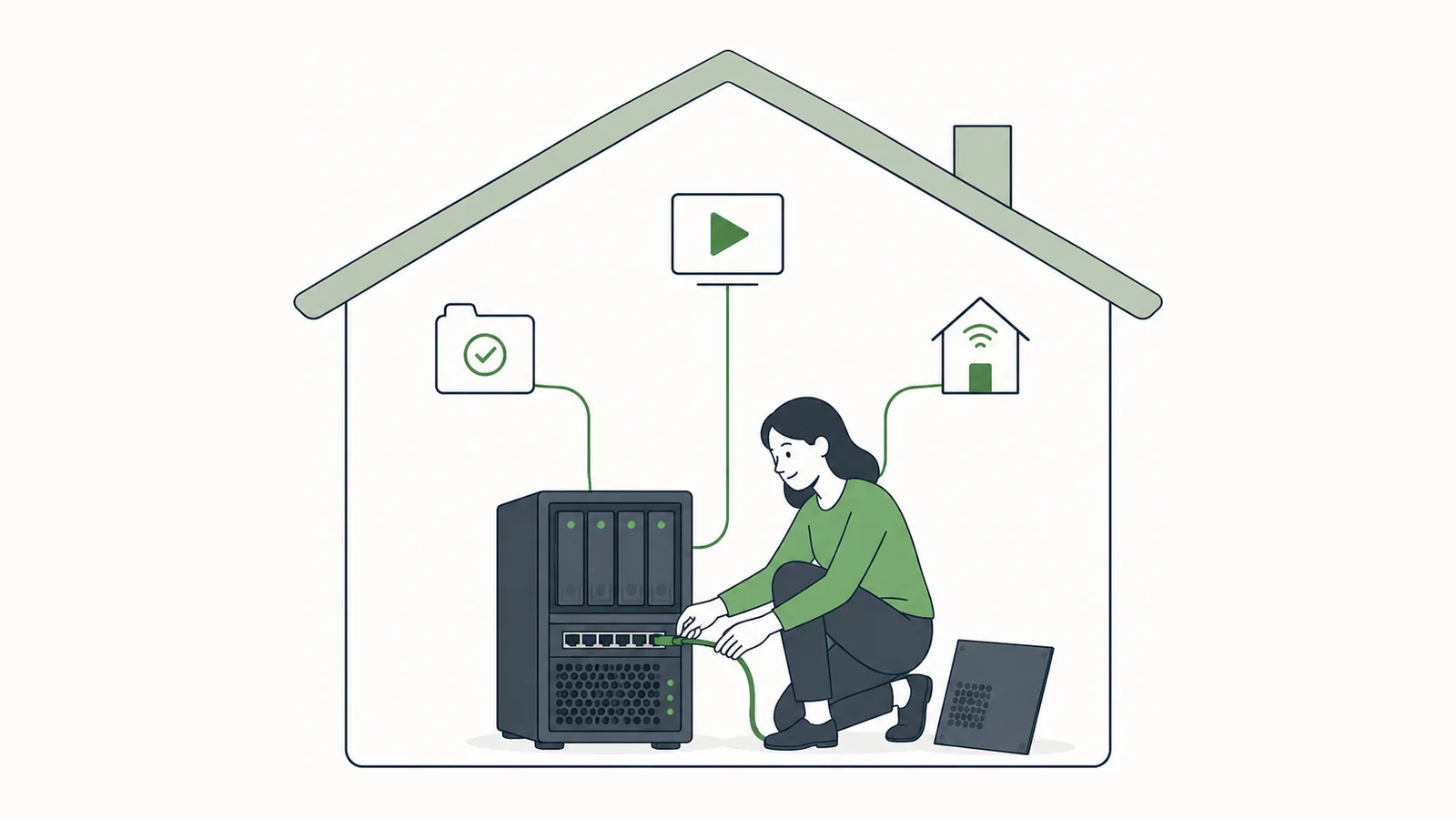 Im Querschnitt eines Wohnhauses schließt eine Frau einen NAS-Server an; Kabel führen zu Symbolen für gesicherte Dateien, Medienstreaming und Smart Home
