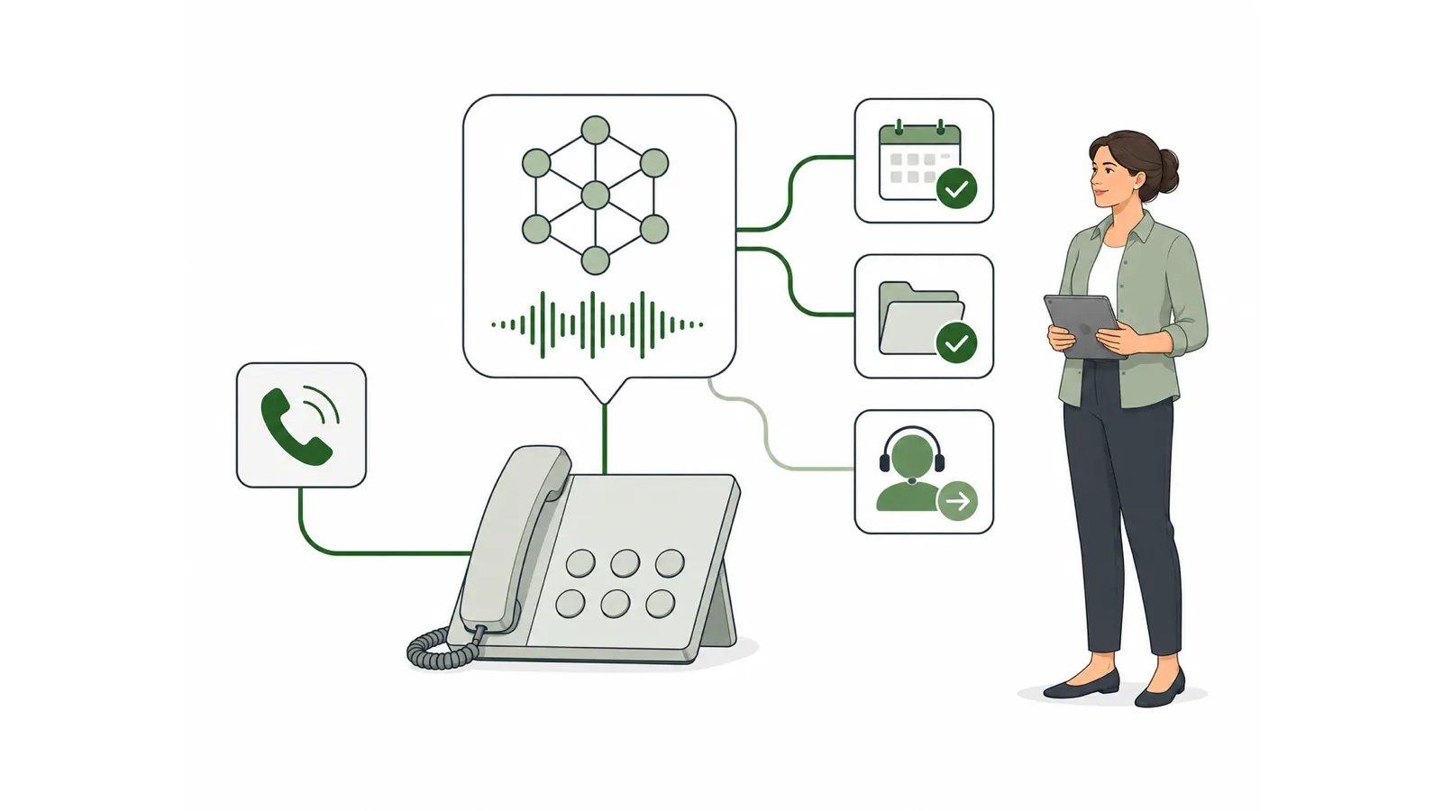 Ein Tischtelefon nimmt einen eingehenden Anruf an; darüber verarbeitet eine Sprechblase mit neuronalem Netz und Stimmkurve das Gespräch und führt zu einem bestätigten Kalendereintrag, einer abgelegten Notiz und der Weitergabe an eine Mitarbeiterin mit Headset
