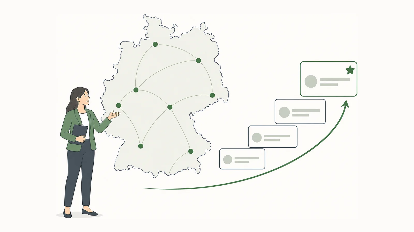 Beraterin vor einer Karte mit vernetzten Standortpunkten, daneben steigen vier Suchergebnis-Einträge entlang eines Pfeils nach oben, der oberste ist mit einem Stern markiert